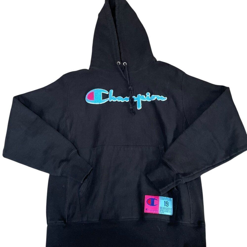 Vintage Champion Reverse Weave Hoodie Mens Medium Black Chenille Logo Pullover